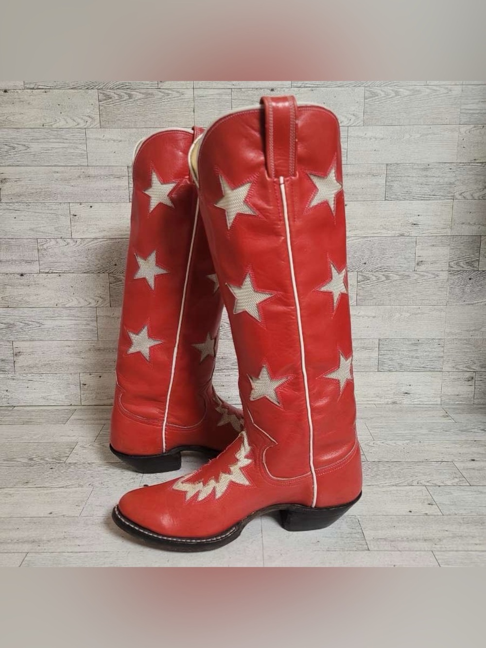Women’s Custom Red Leather Star Inlay Patriotic Tall Rodeo Cowboy Boots Size 6 - Picture 9 of 14